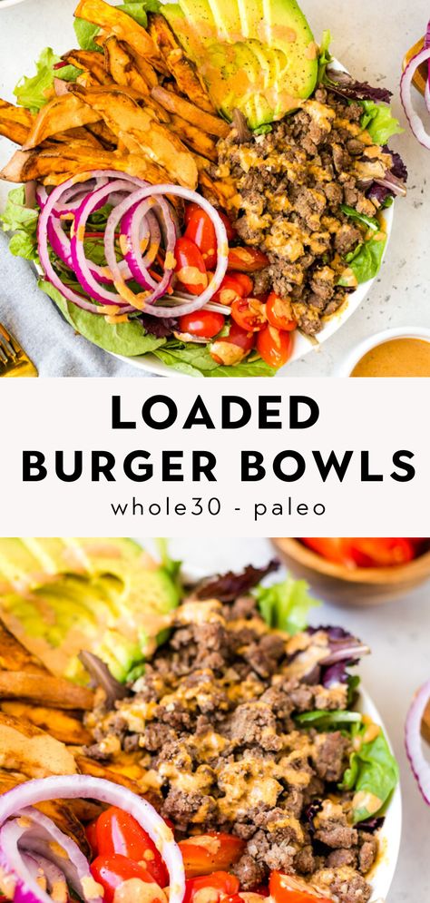 Forget the buns! These burger bowls are loaded with ground beef, onion, tomatoes, avocado, and sweet potato fries - all served over a bed of greens and drizzled with a "special sauce". They are so easy to make, healthy, and filling! Paleo, Whole30, and gluten free too! Ground Beef Recipes Paleo, Whole30 Ground Beef Recipes, Whole30 Ground Beef, Loaded Burger Bowls, Loaded Burger, Paleo Burger, Burger Bowls, 40 Aprons, Sweet Potato Burgers