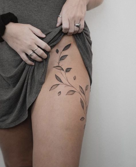 Thigh Leaves Tattoo, Ivy Tattoo Thigh, Leaves Hip Tattoos Women, Vine Tattoos Hip, Leaf Garter Tattoo, Plants Leg Tattoo, Vine Garter Tattoo, Upper Thigh Hip Tattoo Women, Plant Tattoo On Thigh