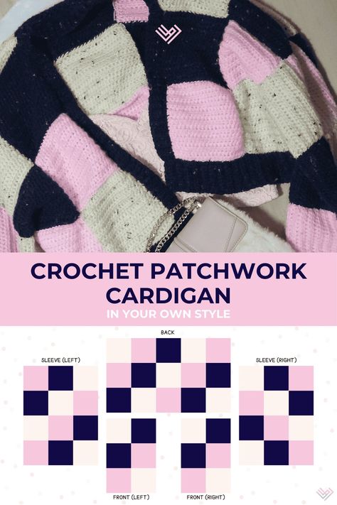 Step-by-Step Guide to Crochet Patchwork Cardigan in Your Own Style  - The LILI Path Knit Cardigan Beginner, How To Crochet A Patchwork Cardigan, Crochet Cardigan Panels, Crochet Patchwork Cardigan Free Pattern, Patchwork Cardigan Patterns Free, Crochet Patchwork Cardigan Tutorial, Free Crochet Patchwork Cardigan Patterns, Patchwork Cardigan Layout, Crochet Projects Cardigan