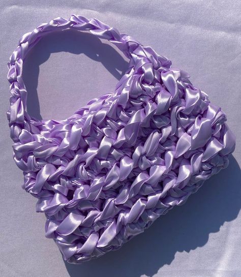 Unique Crochet Accessories, Satin Ribbon Crochet Bag, Satin Crochet Bag, Crochet Ribbon Bag, Ribbon Crochet, Crochet Ribbon, Ribbon Bag, Crochet Store, Crochet Tote Pattern