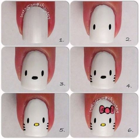 Nails, Nail Art, Nail Design, Tutorial, How To, Manicure, Sanrio, Hello Kitty, Bow, Pink, White, Black, Yellow Hello Kitty Nail Art, Kitty Nail Art, Tumblr Nail Art, Do It Yourself Nails, Paznokcie Hello Kitty, Hello Kitty Nail, Hello Kitty Nails Art, Kitty Nail, Kids Nail Designs