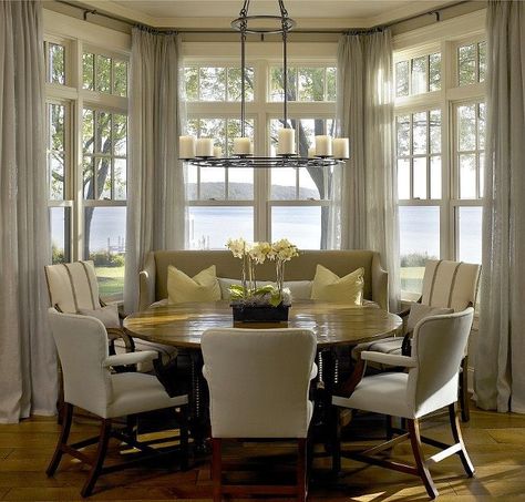 Best Bay Window Treatments + Measuring Guide - Laurel Home Bay Window Dining Area, Kitchen Bay Window Treatments, Ikea Breakfast Nook, Bay Window Dining, Dining Room Bay Window, Curved Curtain Rods, Bay Window Treatments, Kitchen Bay Window, Bay Window Curtains