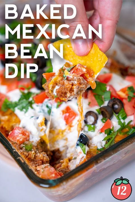 Baked Mexican Layer Dip | 12 Tomatoes 6 Layer Bean Dip, Baked 7 Layer Mexican Dip, Baked Mexican Layer Dip, Baked Mexican Dip, Five Layer Dip, Five Layer Mexican Dip, Layered Dip Mexican, Layered Mexican Dip Recipe, Nacho Layer Dip