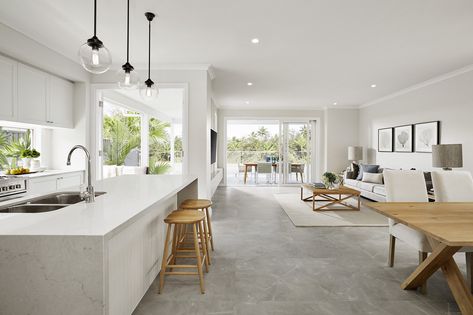 Build by Coral Homes - products by James Hardie Australia | Open coastal inspired Hamptons Home built on a 10m wide lot. Created spaciously with soft colour palette Neutral Tone Kitchen, Australian Hamptons Style, Hamptons Style Homes, Hamptons House, Hamptons Style, Open Concept Kitchen, House Inspo, Open Concept, Kitchen Living