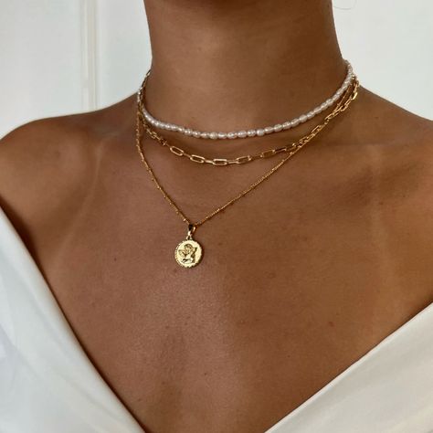 Pacific Ave Necklace | Truly Blessed Jewels – TBJ Gold Jewerly Necklace, Summer Gold Jewelry Aesthetic, Pearl Beach Jewelry, Jewelry Pairing Ideas, Summer 2024 Jewelry, Summer Gold Necklace, Simple Necklace Layering, Pearl And Gold Necklace Stack, Layered Jewelry Necklaces