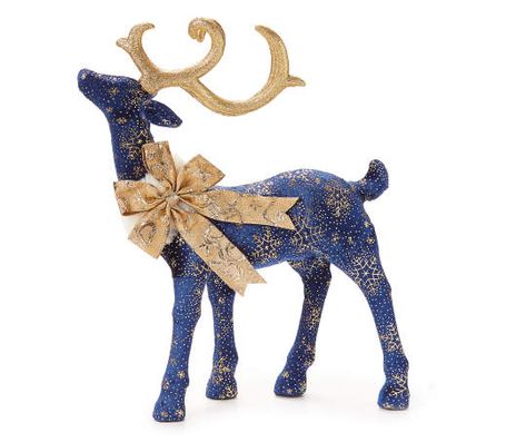 Glimmer gold merges with navy to bring a lush holiday color scheme to your surroundings. This festive deer is standing to show off a beautiful gold bow and faux fur collar. The body is navy blue with a sparkly landscape of gold snowflakes and shimmering. Blue Christmas Tree Decorations, Copper Christmas, Navy Christmas, Blue Christmas Decor, Blue Christmas Tree, Gold Christmas Decorations, Easy Christmas Decorations, Gold Snowflake, White Christmas Decor