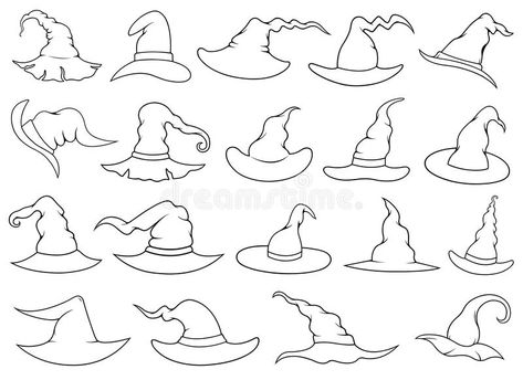 Set of different witch hats vector illustration Fine Line Witch Hat Tattoo, Simple Witch Hat Tattoo, Tiny Witch Hat Tattoo, Witch Hats Drawings, Witch Hat Outline, Cute Witch Hat Drawing, How To Draw A Witch Hat, Wizard Hat Tattoo, Witches Hat Tattoo