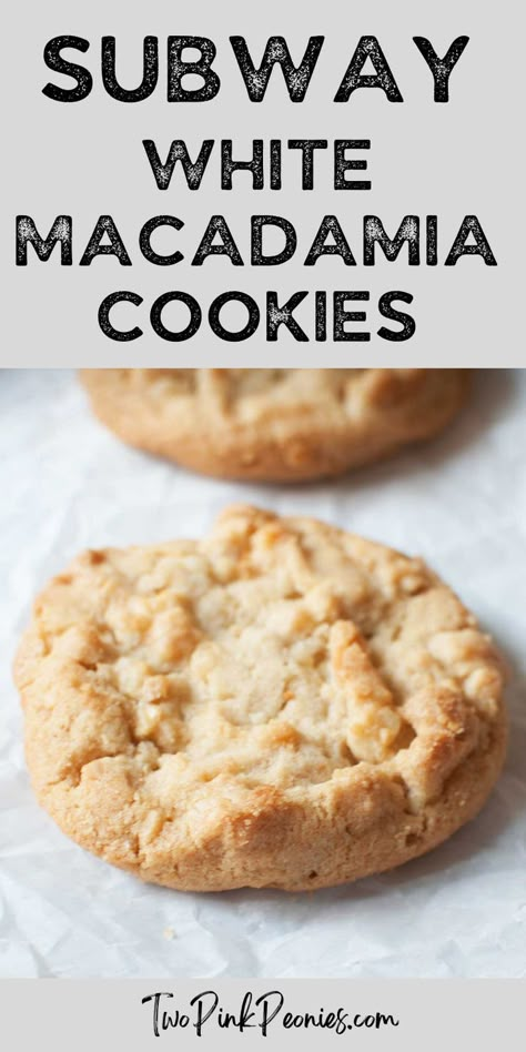 Image with text that says Subway White Macadamia Cookies with an up close shot of a cookie beneath it Cake Mix Oatmeal Cookies, White Macadamia Nut Cookies, Panera Copycat Recipes, White Chocolate Chip Macadamia Nut Cookies, Nut Cookies Recipe, Macadamia Nut Recipes, Great American Cookie, Subway Cookies, Macadamia Nut Cookies Recipe