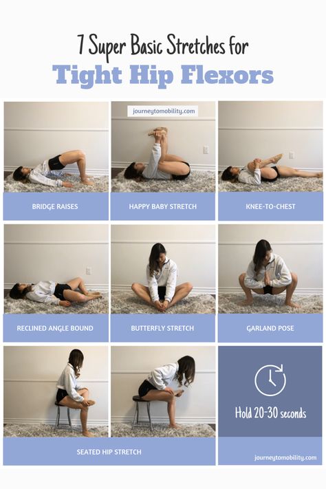 Many people experience lower back pain because of tight hip flexors. Here are 7 easy hip stretches for pain and hip strengthening exercises that you can do in under 10 minutes to improve your hip mobility! Go to www.journeytomobility.com for free printable stretch routines and more flexibility exercises for beginners. #hipstretches #hipstretchesforpain #stretchingforlowerbackpain #stretchingexercises Hip Strengthening, Hip Strengthening Exercises, Hip Flexor Exercises, Hip Flexibility, Hip Exercises, Tight Hip Flexors, Hip Flexor Stretch, Yoga Kurse, Stretches For Flexibility