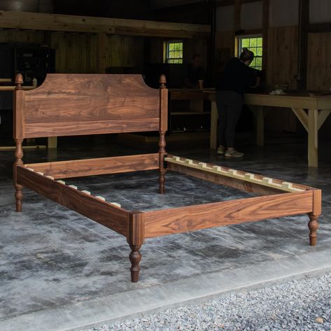 SHAPED HEADBOARD LIBBY Platform Bed Frame Walnut Hardwoods Turned Legs With Acorn Tops 22 Headboard Slats Optional - Etsy Wood Carved Bed Frame, King Bed Wood Frame, Cabin Bedframe, Antique Wood Headboard, Antique Wooden Bed, Walnut Bed Frame, Bed Hardware, Headboard Shapes, Shaped Headboard