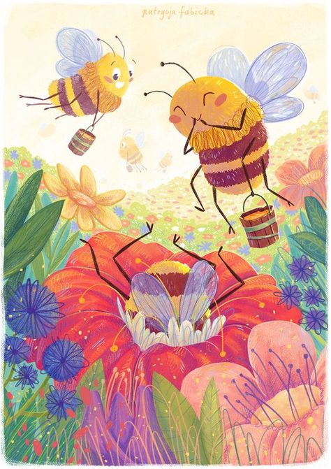 Spring Art Illustration, Animals Illustration Art, Colourful Illustration Art, Pollinators Illustration, Cute Bug Illustration, Bee Illustration Cute, Children’s Illustration, Spring Illustration Art, Bee Digital Art