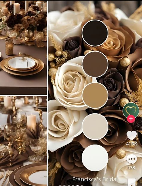 Brown And Gold Palette, Brown White Wedding Theme, Black Brown White Wedding, Melanin Wedding Decor, Black And Neutral Wedding Color Schemes, Gold And Brown Wedding Decor, Bronze And Champagne Wedding, Brown And Cream Wedding Decor, Black And Brown Wedding Color Schemes