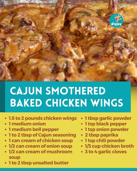 Cajun Smothered Baked Chicken Wings | Easy Chicken Recipe | Chicken Dinner Idea | Quick Dinner Baked Recipe | Easy Oven Baked Chicken Wings | How to Make Smothered Chicken via @diyjoycrafts Smothered Chicken With Gravy In Oven, Creamy Chicken Wings Recipes, Baked Chicken Wings Cream Of Mushroom, Baked Chicken Wings With Gravy, Baked Chicken Wings With Cream Of Chicken, Smothered Wings Chicken Recipes, Baked Chicken Drummettes Recipes, Chicken Wings In The Oven Recipes, Stewed Chicken Wings