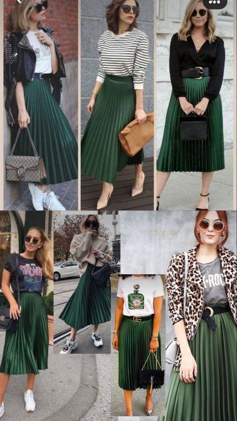 Green Skirt Work Outfit, Pleated Leopard Skirt Outfit, Pleated Skirt Office Outfit, Silk Pleated Skirt Outfit, Bottomless Brunch Outfit Ideas, Green Skirt Outfit Ideas, Green Skirt Outfits, Outfits Leggins, Home Wear Women Summer