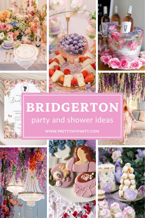 The Best Bridgerton Party and Shower Ideas - food, decor, tablescapes, favors, games, and more on www.prettymyparty.com. Bridgeton Party Decorations, Tea Party Shower Games, Bridgerton Dessert Ideas, Bridgerton 1st Birthday, Brighton Themed Party, Bridgestone Party Ideas, Bridgerton Themed Party Favors, Bridgerton Theme Baby Shower Ideas, Bridgeton Bridal Shower Theme