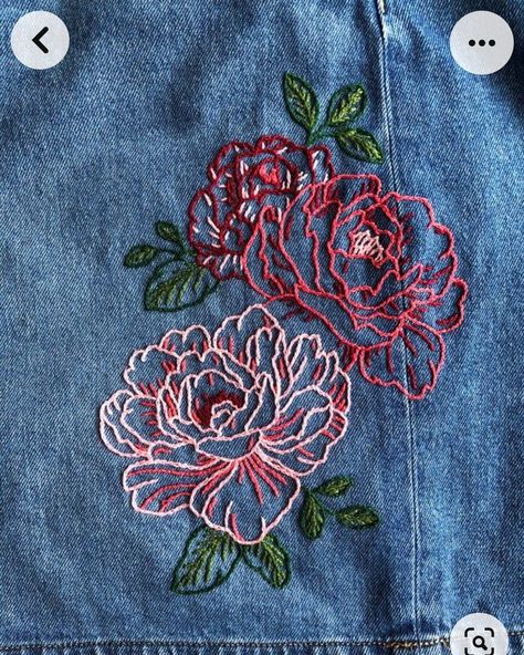 Denim Floral Embroidery, Embroidery Skirt Ideas, Embroidery Flowers On Clothes, Floral Embroidery On Clothes, Embroidery In Denim, Denim Hand Embroidery, Embroidery Designs Denim Jacket, Embroidery Jeans Jacket Diy, Floral Embroidery Jeans