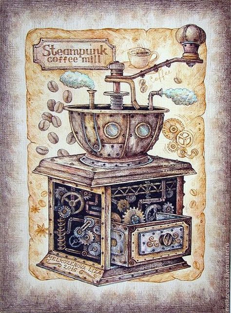 Steampunk Coffee Mill (Elizabeth Melkozerova) Steampunk Art Drawing, Steampunk Coffee, Steampunk Drawing, Steampunk Scrapbook, Steampunk Artwork, Steampunk Mixed Media, Rasy Koni, Arte Steampunk, Steampunk Crafts