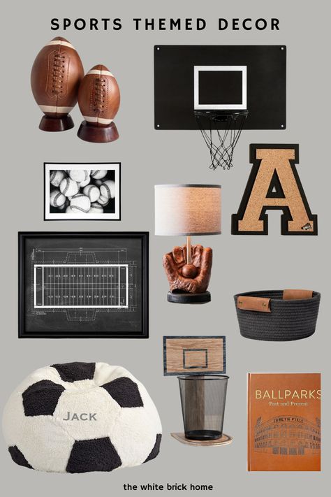 Sports bedroom theme. Decor for a boys bedroom that is sports themed. Basketball room decor. Football theme bedroom decor. Dark and moody boy bedroom that is sports themed. Football bedroom ideas. Bedroom ideas for a boy. Teen bedroom boy ideas for a sports bedroom. Vintage Sports Bedroom, Baseball Table, Sports Themed Bedroom, Sports Room Boys, Boy Sports Bedroom, Basketball Bedroom, Sports Bedroom, Football Bedroom, Baseball Bedroom