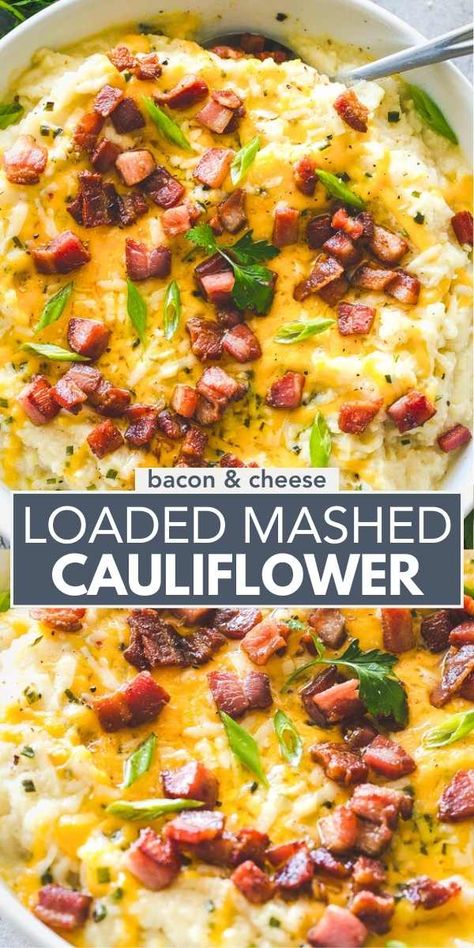 Packed with bacon, cheese, and garlic, this loaded mashed cauliflower recipe is the perfect, most delicious low carb swap for mashed potatoes! Best Mashed Cauliflower Recipe, Keto Mashed Potatoes Cauliflower Recipes, Cauliflower Recipes Mashed, Potato And Cauliflower Mash, Mashed Cauliflower Casserole, Veggie Mashed Potatoes, Cauliflower And Potato Mash, Cauliflower Mash Recipes, Ground Beef And Cauliflower Recipes