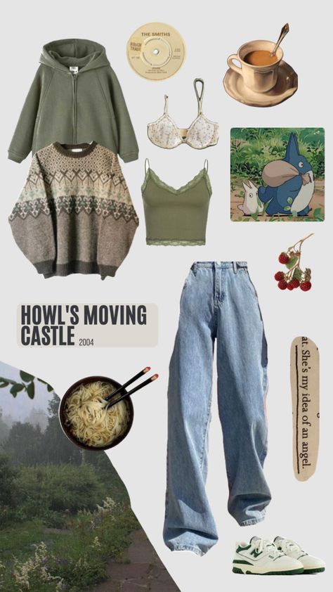 #outfitinspo #movies #nature #vibes #vintage #studioghibli #studioghibliaesthetic #aesthetic #cottagecore #comfy #green Comfy Cute Clothes Aesthetic, Nature Walk Outfit Fall, Lazy Cottagecore Outfits, Casual Nature Outfits, Green Nature Outfit, Sweater And Corset Outfit, Nature Core Aesthetic Outfits, Spring Clothing Aesthetic, Baggy Cottagecore Outfits