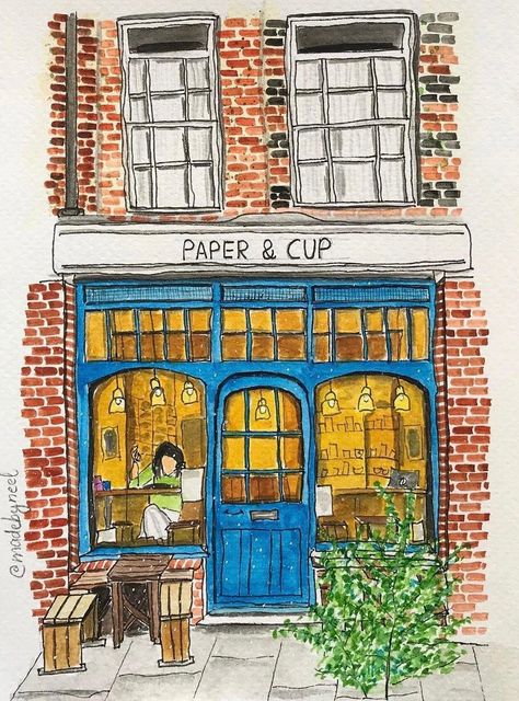 Print of a coffee shop in London. Watercolor painting. 8x12 in on Hahnemuhle German Etching premium quality paper. Worldwide shipping! Shop Front Watercolor, Watercolor Shop Illustration, Coffee Shop Illustration Drawings, Coffee Shop Drawing Illustration, Coffee Shop Painting Ideas, Coffee Shop Artwork, Coffee Shop Window Art, Shop Illustration Store Fronts, Cafe Drawing Illustration Coffee Shop