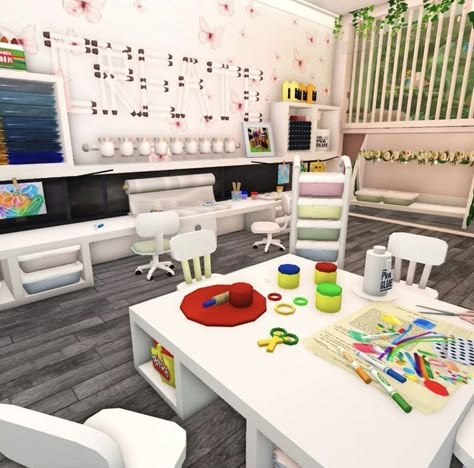 Bloxburg Kids Room, Bloxburg Daycare, Daycare Interior Design, Bloxburg Build Hacks, Bloxburg School, Bloxburg Building Ideas, Bloxburg Inspiration, Bloxburg Rooms, Luxury Baby Room