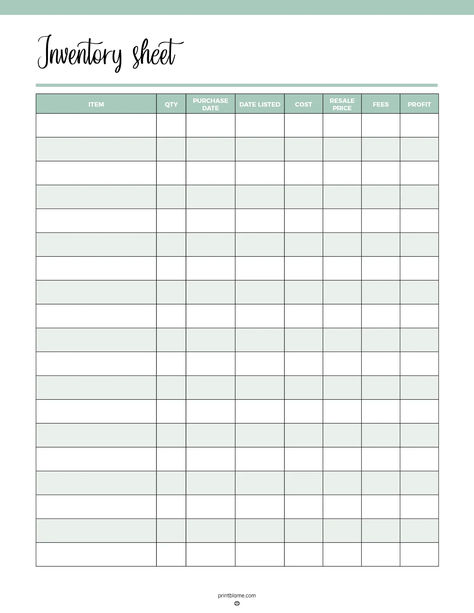 A Reseller Inventory Sheet with columns for item details, quantity, purchase date, date listed, cost, resale price, fees, and profit. Costing Sheet Template, Reseller Inventory Organization, Small Business Inventory Organization, Printable Inventory Sheets, Supply Inventory Printable, Resell Business, Inventory List Template, Inventory Management Templates, Trackers Printable