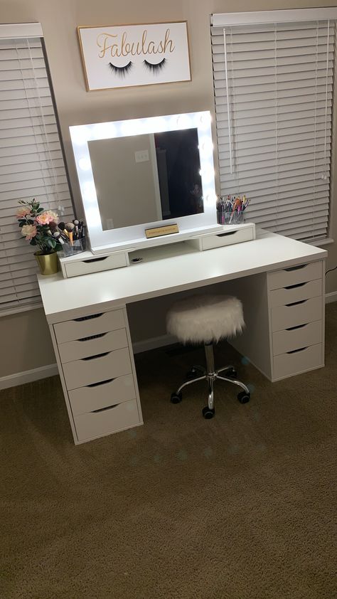 IKEA Alex drawers and vanity mirror from amazon. Stool from home goods Alex Drawer Nightstand, Ikea Alex Desk Vanity, Vanity Alex Drawers, Alex Vanity Ikea, Ikea Alex Vanity Ideas, Alex Desk Vanity, Ikea Makeup Vanity Ideas, Alex Drawer Vanity, Vanity Mirror Ideas Bedrooms