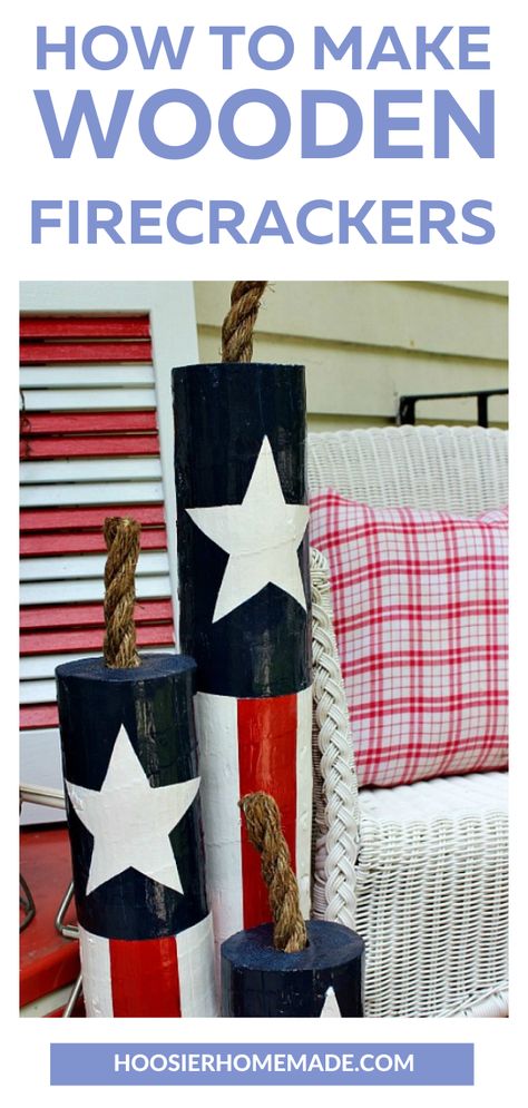 How to Make Wooden Firecrackers—the perfect DIY project! Learn how to make wooden firecrackers to celebrate this 4th of July! They make the perfect decoration and can be used time and time again! Decorate for summer and the 4th of July with these wooden Fire Crackers! Diy Fire Cracker Decor, Diy Firecrackers, Firecracker Decoration Diy, How To Make Firecrackers, Firecracker Decor, Wooden Firecrackers Diy, Diy Firecracker Decor, Diy 4th Of July Crafts, Wood Firecracker Diy