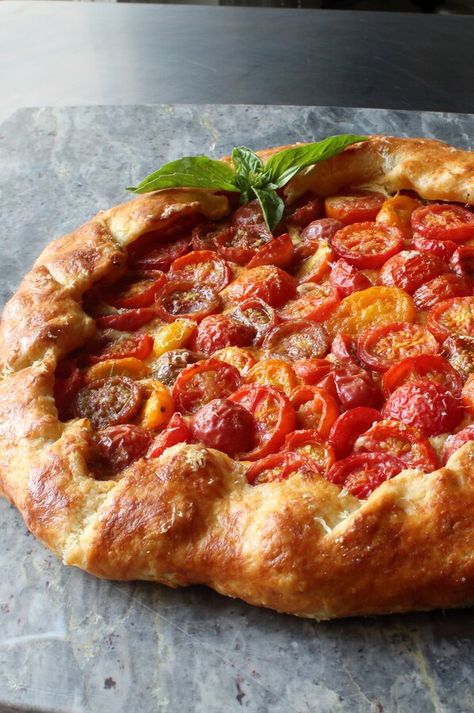 Cherry Tomato and Cheese Galette | "It's not too complicated and Chef John's video was very helpful in making the crust. Thanks!!" #dinnerideas #dinnerrecipes #familydinnerideas #supper #supperideas Quiche, Cherry Tomato Galette, Tomato Cheese Tart, Cherry Tomato Quiche, Tomato Goat Cheese Galette, Cherry Tomato Pizza Recipes, Cherry Galette Recipe, Tomato Galette Recipe, Tomato Gallette Recipe