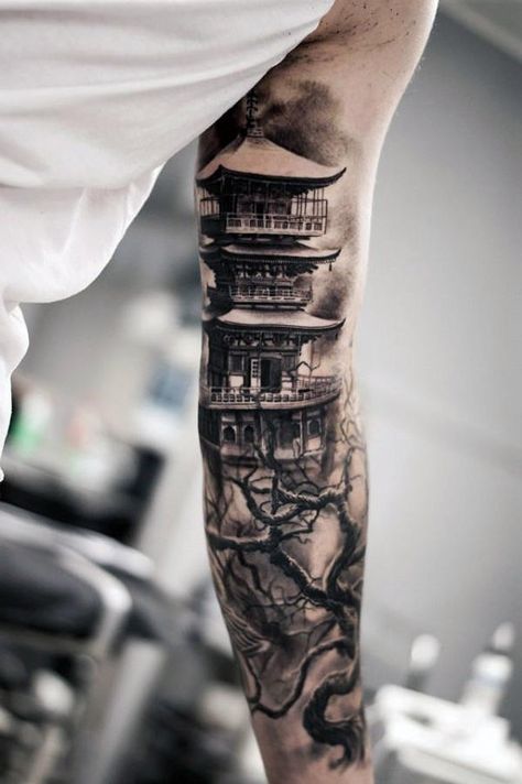 Ne vous limitez pas avec ces idées de tatouage populaires. Chinese Sleeve Tattoos, Samurai Tattoo Sleeve, Temple Tattoo, Unique Wrist Tattoos, Japanese Tattoo Symbols, Wolf Tattoo Sleeve, Samurai Tattoo Design, History Tattoos, Buddha Tattoos