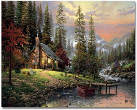 House Near River, Secluded Cabin, River Cottage, Lake Painting, Dekor Diy, Lego Architecture, Lake Cabins, Thomas Kinkade, Bob Ross