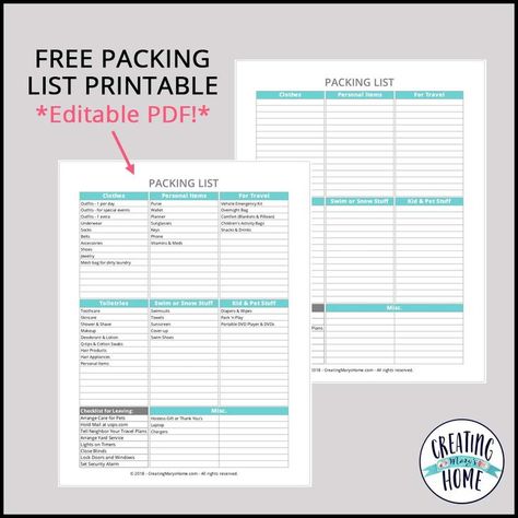 Packing List Printable *Editable PDF!* - creatingmaryshome.com Blank Packing List, Packing Checklist Template, Vacation Packing Checklist, Business Trip Packing, Packing List Template, Printable Packing List, Travel Packing Checklist, Vacation Checklist, Camping Packing List