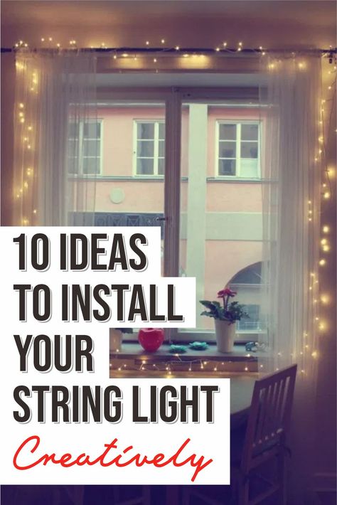 Fairy Lights Around Curtain Rod, White Light Decorating Ideas, Farmhouse String Lights Living Room, Living Room White Curtains Ideas, Fairy Lights In Living Room Ideas, Curtain Lights Bedroom Ideas Hanging, Indoor Twinkle Lights Living Room, Living Room With String Lights, Lights Behind Curtains