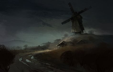 Windmill, Christian Bravery on ArtStation at https://www.artstation.com/artwork/r4Ba Ravenloft Aesthetic, Grim Hollow, Windmill Art, Image Wall, Village Art, Old Windmills, Project Portfolio, Dark City, 다크 판타지