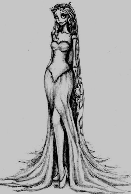 Scary Lady Drawing, Corpse Bride Art Painting, Emily From Corpse Bride Drawing, Emily Corpse Bride Full Body Picture, Emily Corpse Bride Sketch, Gothic Rib Tattoo, The Corpse Bride Drawings, Corps Bride Tattoo, Drawing Corpse Bride