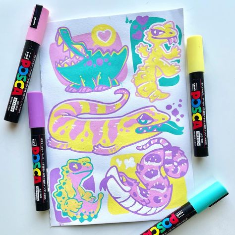 Posca practice! Which critter is your favorite? I really love how the hot nose came out! I loveee these pastel colors I got. #posca pens#posca#paint markers#traditional art#reptiles#alligator#leopard gecko#hognose snake#blue tongue skink Pastel Marker Art, Posca Paint Pens, Paint Pens Ideas, Colorful Doodle Art, Posca Pens Art Simple, Cute Posca Art, Pastel Posca Art, Cool Posca Pen Art, Posca Markers