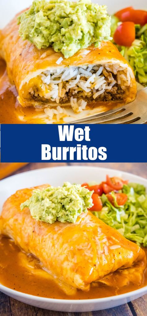 Mexican Fiesta Recipes, Wet Tacos Recipe, Hamburger Burrito Recipe, Easy Supper Ideas With Hamburger, Burrito Sauce Recipe, Spicy Enchilada Sauce, Wet Burrito Recipes, Beef Burrito Recipe, Wet Burrito