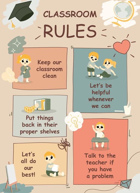 Rules Board Ideas, 5 Classroom Rules, English Classroom Posters, Class Rules Poster, Clean Classroom, Classroom Rules Poster, School Board Decoration, Class Rules, English Language Learning Grammar