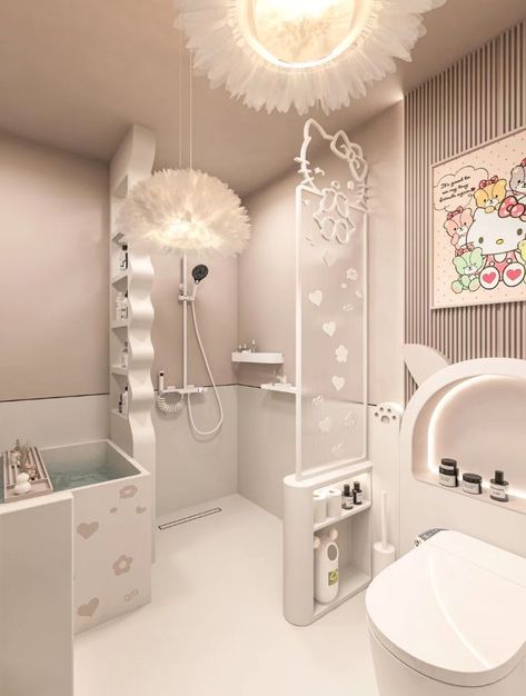 Sanrio Bathroom, Kawaii Apartment, Pink House Interior, Hello Kitty Bathroom, Hello Kitty Room Decor, Cool Room Designs, Hello Kitty House, Bathroom Aesthetic, Bathroom Remodel Ideas