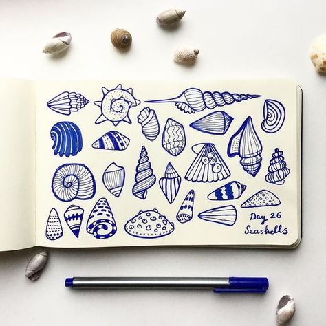 Sea shells doodle by erdenec Seashells Drawing, Seashell Drawing, Sea Drawing, Drawing Doodles, Ink Doodles, Doodle Inspiration, Sketchbook Inspiration, Journal Doodles, Zentangle Patterns