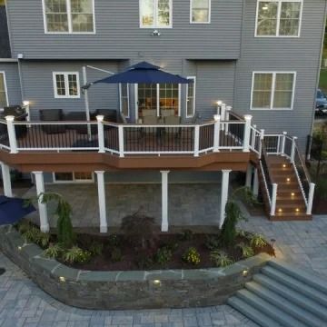 75 Second Story Deck Ideas You'll Love - July, 2024 | Houzz Two Story Back Porch, Back Deck Designs Second Story, Second Story Deck Ideas Design, 2 Story Backyard Deck Ideas, Deck Design Ideas Second Story, 2nd Floor Covered Deck Ideas, Two Story Deck Ideas With Walkout Basement, Back Deck With Stairs, Second Story Deck Privacy Ideas