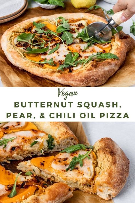 Butternut Squash, Pear, & Chili Oil Pizza Squash Butternut, Pear Pizza, Butternut Squash Pizza, Vegan Simple, Vegan Butternut Squash, Pizza Vegana, Vegan Pizza Recipe, Vegan Spaghetti, Cashew Sauce