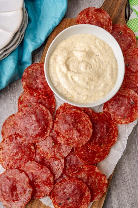 Salami Chips With Dip Salami Chips And Dip, Salami Dip Recipe, Salami Snack Ideas, Salami Chips Baked, Baked Salami Appetizer, Leftover Salami Recipes, Keto Salami Recipes, Salami Dip, Hard Salami Recipes