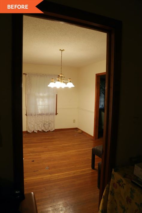 Dining Room Redo with Arched Doorways - Before and After photos | Apartment Therapy Entry Into Dining Room, Repurposed Dining Room, Before And After Dining Room, Hanging Globe Lights, 1950s Dining Room, Dining Room Transformation, Arched Doorways, House Dining Room, Diy Dining Room