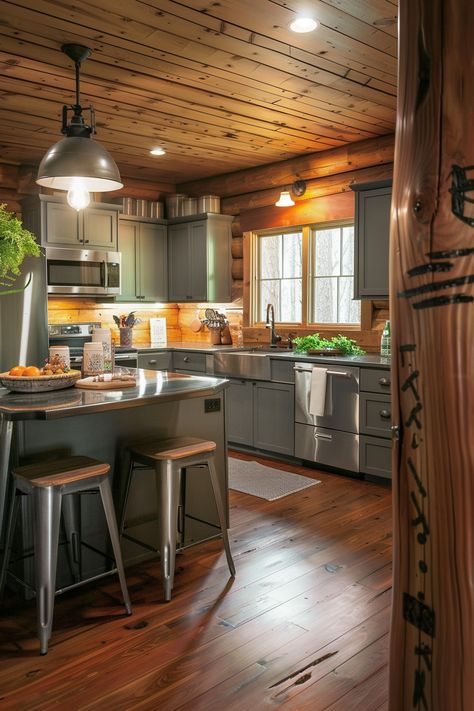 10+ Modern Log Cabin Kitchen Ideas to Spark Your Creativity - Vividly Aesthetic Modern Log Cabin Kitchen, Log Cabin Kitchens Cabinets, Log Home Kitchen Ideas, Rustic Log Cabin Kitchens, Log Cabin Kitchen Ideas, Cabin Kitchen Ideas, Small Cabin Kitchens, Cabin Makeover, Log Cabin Kitchens