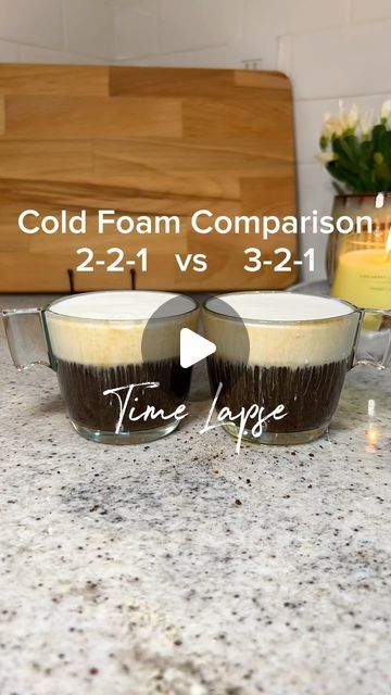 Sandra G | Coffee - Cafe ☕️ on Instagram: "Homemade Cold Foam Comparison   Making homemade cold foam is so easy! Here I show a time lapse of homemade cold foam on an iced coffee that last 30 minutes!  The common recipe is 3-2-1 -3 tbsp whipping cream -2 milk -1 syrup flavor  Why 2-2-1 is my preference: - Last just as long on top of a drink as 3-2-1 - Taste more like the flavor you add, this is the big one! - Less calories (1 tbsp of whipping cream is ~50 cal each)  Cold Foam Calories -3 tbsp whipping cream (3x50= 150 cal) -2 milk (unsweetend oat, 10 cal) -1 syrup flavor (SF = 0, but using regular ~45 cal) Total ~200 calories  Items used in video are linked in Amazon storefront Glasses @ikea Frothers @newenglandstories_kitchen   Yes my cats are savages 💀😼   #coffee #cafecito #primerocafec Maple Cold Foam, Almond Milk Cold Foam, How To Make Cold Foam, Diy Cold Foam, Homemade Cold Foam, Cold Foam Recipe, 50 Cal, Americano Coffee, Cold Foam