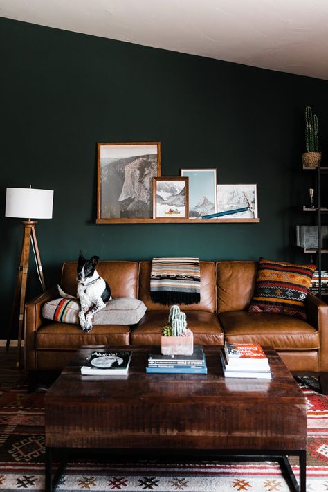 Hearnes Home Tour Part Two: Our Dark Green Living Room + Bright Kitchen | in Moab, Utah Dark Green Living Room, Dark Green Walls, Dark Living Rooms, Living Room Green, Style Deco, Green Rooms, Living Room Inspo, New Living Room, Room Colors