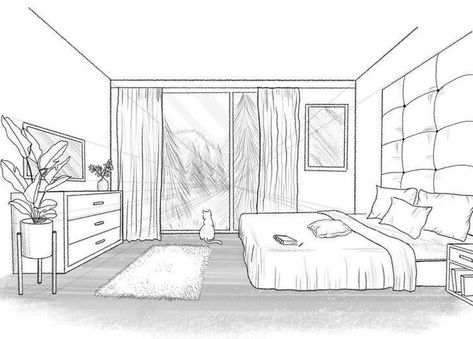 Bedroom Perspective Drawing, Bedroom Sketch, Room Perspective Drawing, Bed Drawing, Perspective Room, Backgrounds Ideas, 1 Point Perspective, Condo Bedroom, Perspective Sketch