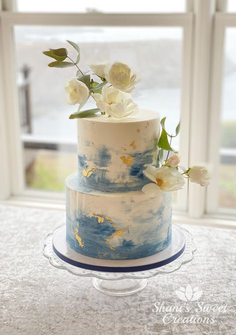 Blue Two Tier Wedding Cake, Ombre Cake Wedding, Blue White Engagement Cake, Non Tiered Wedding Cake, Light Blue 2 Tier Cake, Dusty Blue Floral Wedding Cake, Simple Wedding Cake 2 Tier Blue, Simple White And Blue Wedding Cake, Wedding Cake Sky Blue